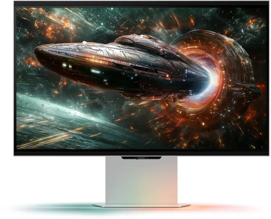 Samsung Odyssey 3D LS27FG900XIXCI вид спереди — 4K IPS монитор на белой подставке с демонстрацией цветопередачи