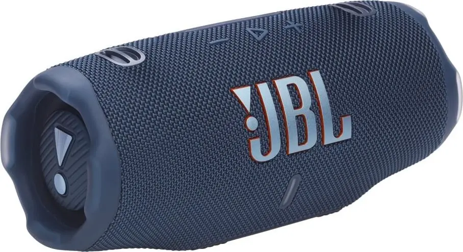 JBL Charge 6 Blue вид сбоку тканевый корпус силиконовые элементы кнопки управления