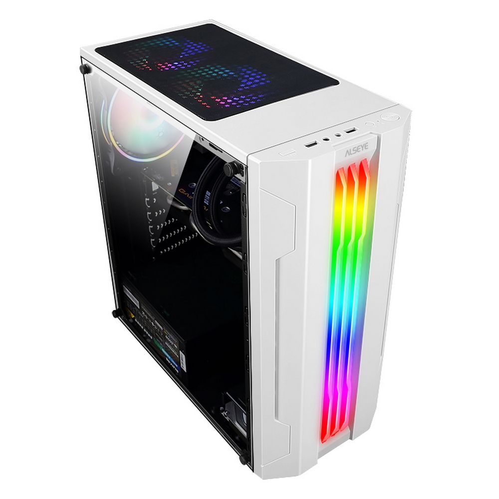 Alseye Auro 3.0-W вид сбоку с RGB подсветкой вентиляторов и верхней панелью управления