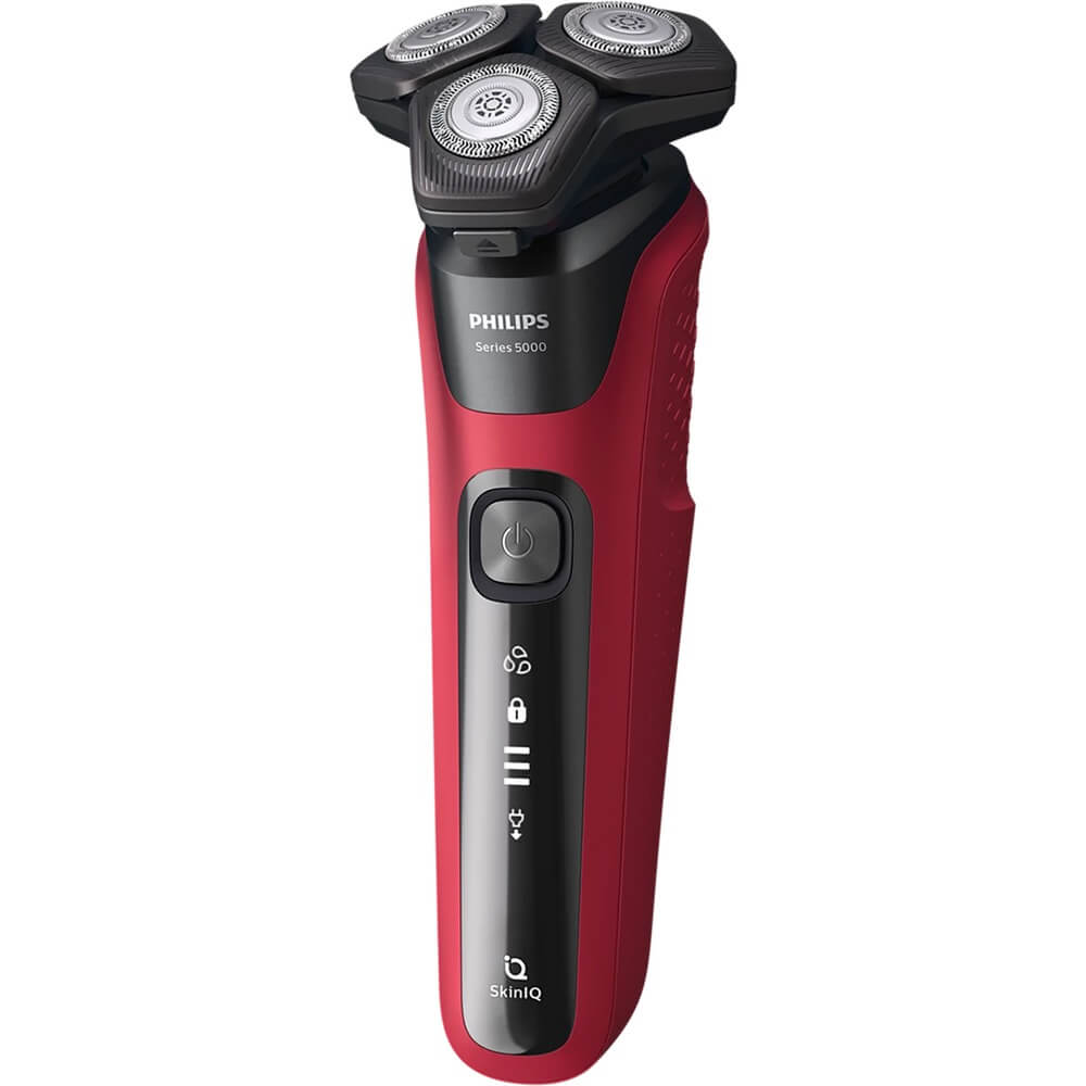 Philips S5883/10 вид спереди &mdash; три бритвенные головки и кнопка питания, красный корпус