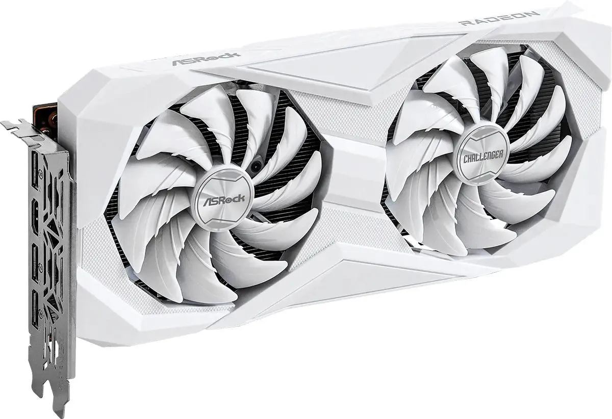 ASRock Radeon RX 6600 Challenger вид в три четверти — два белых кулера с чёрными лопастями