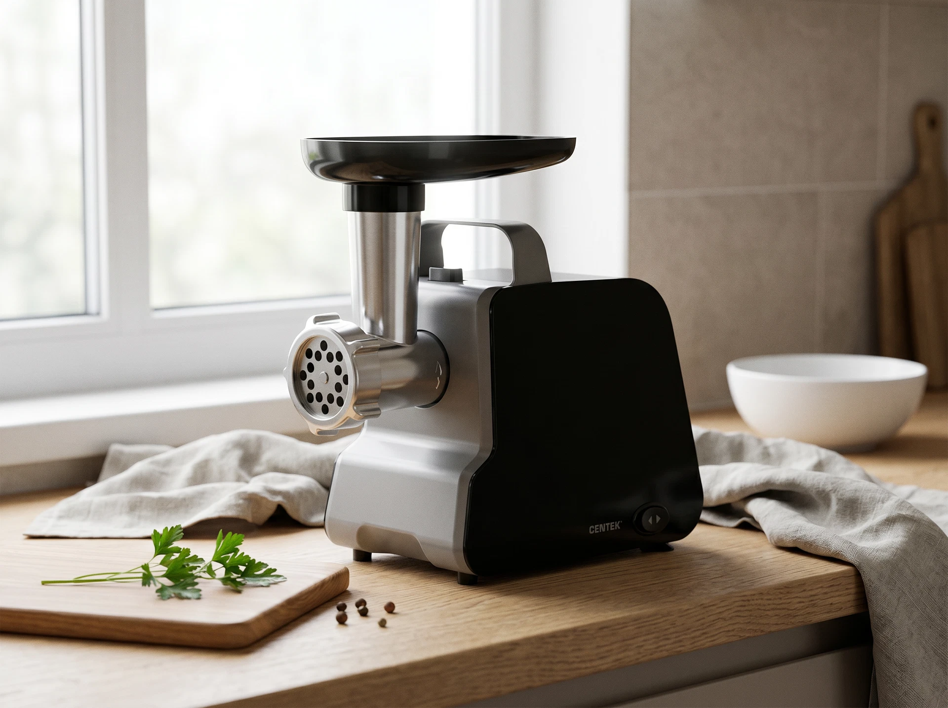 Centek CT-1603 мясорубка черная на кухонном столе в интерьере
