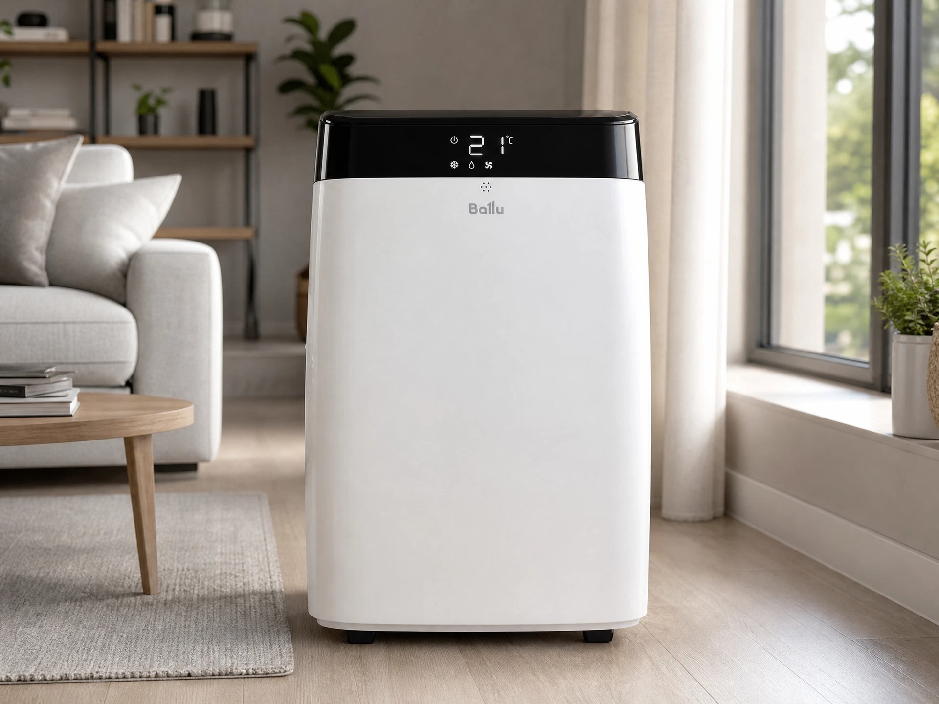 Ballu Smart Wind BPAC-07 SW/N1 в интерьере жилой комнаты — мобильный кондиционер у окна