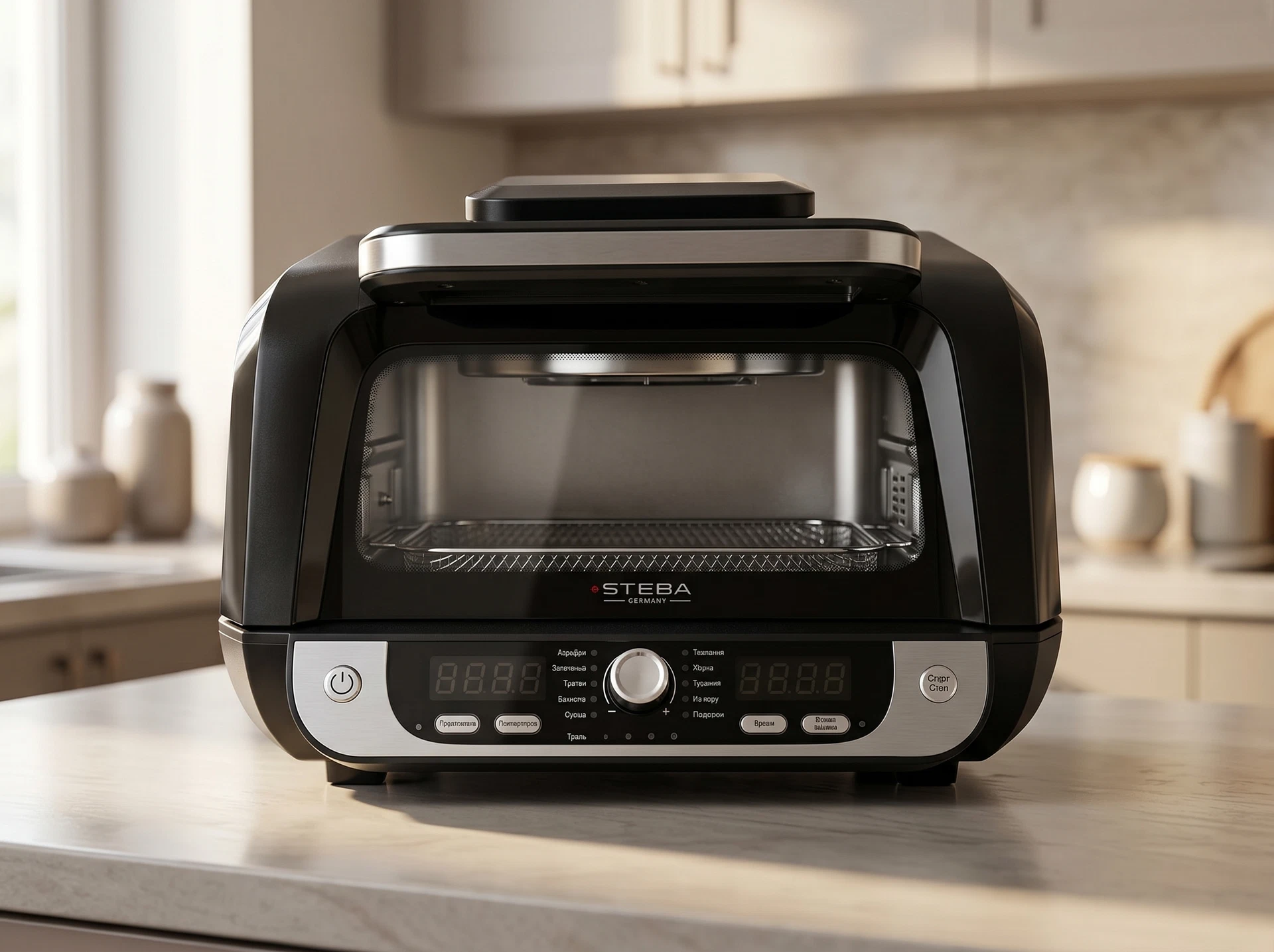 Steba AG 6000 AirChef в интерьере кухни — компактный чёрный корпус на столешнице