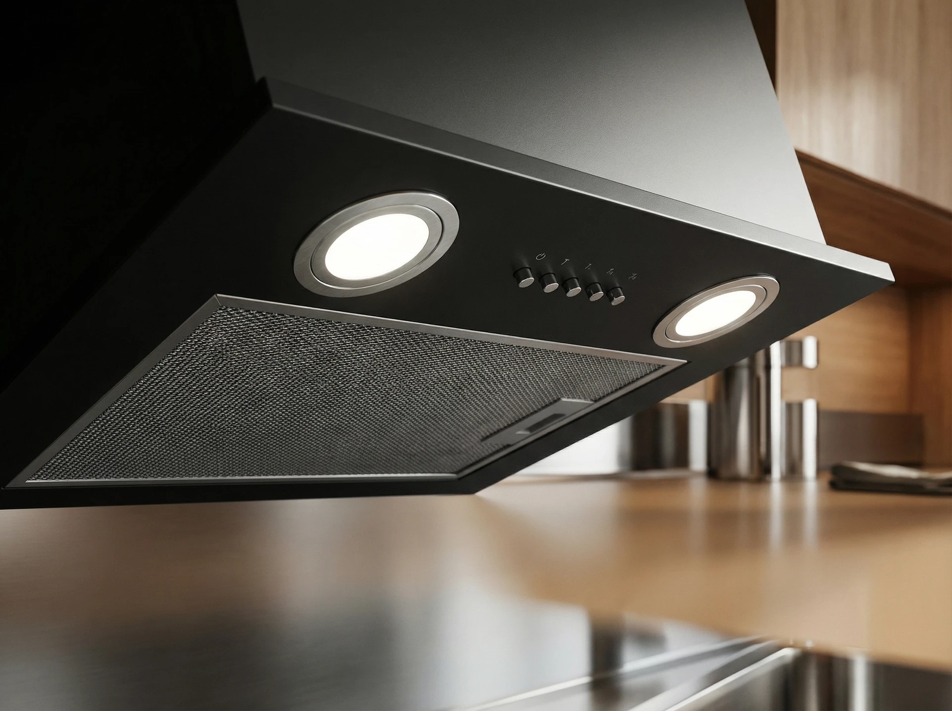 Meferi Light InBox45BK встраиваемая вытяжка в интерьере кухни — скрытый монтаж в шкаф