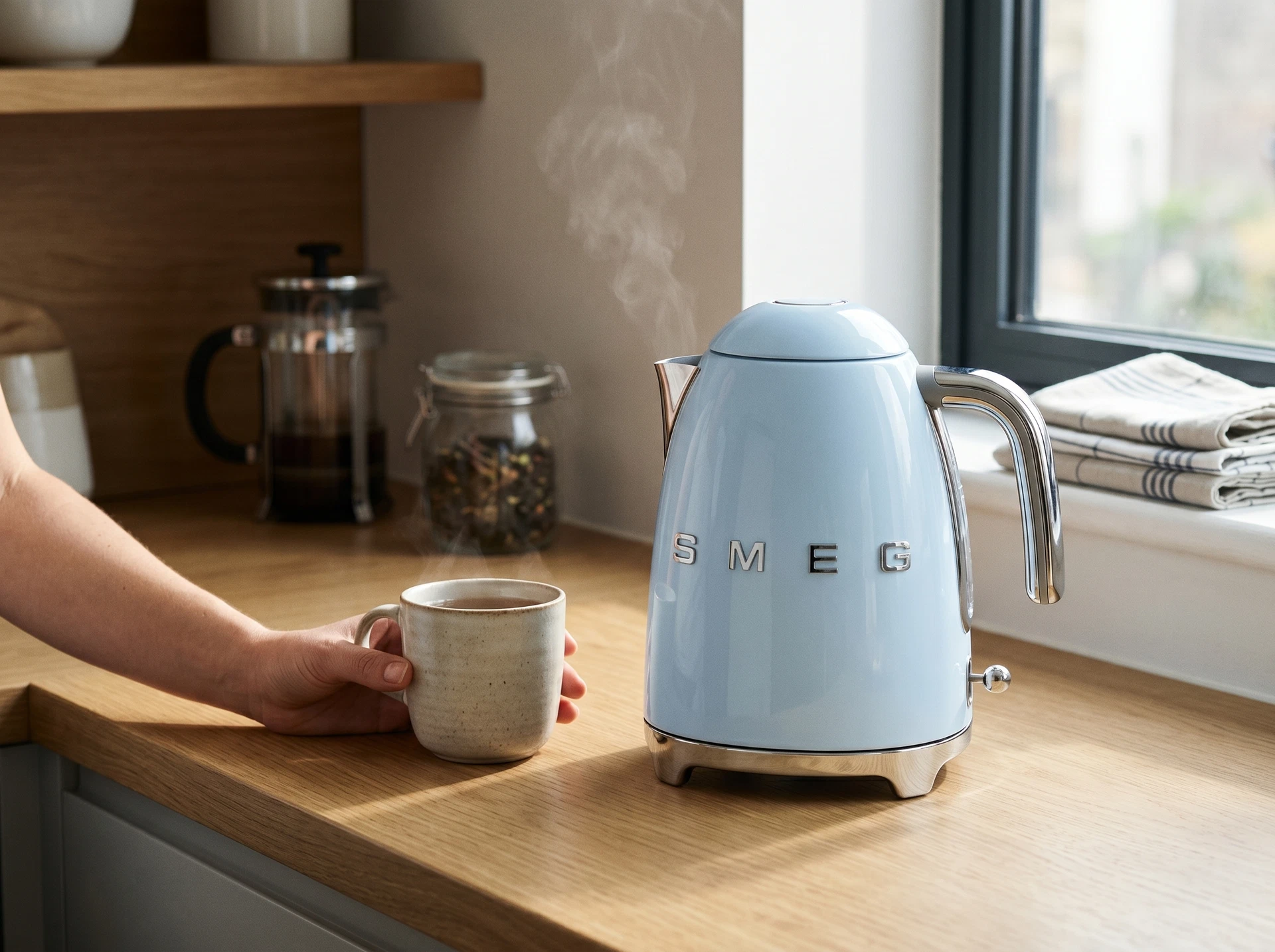 Smeg KLF03PBEU голубой чайник в кухонном интерьере ретро-стиль 50s Style