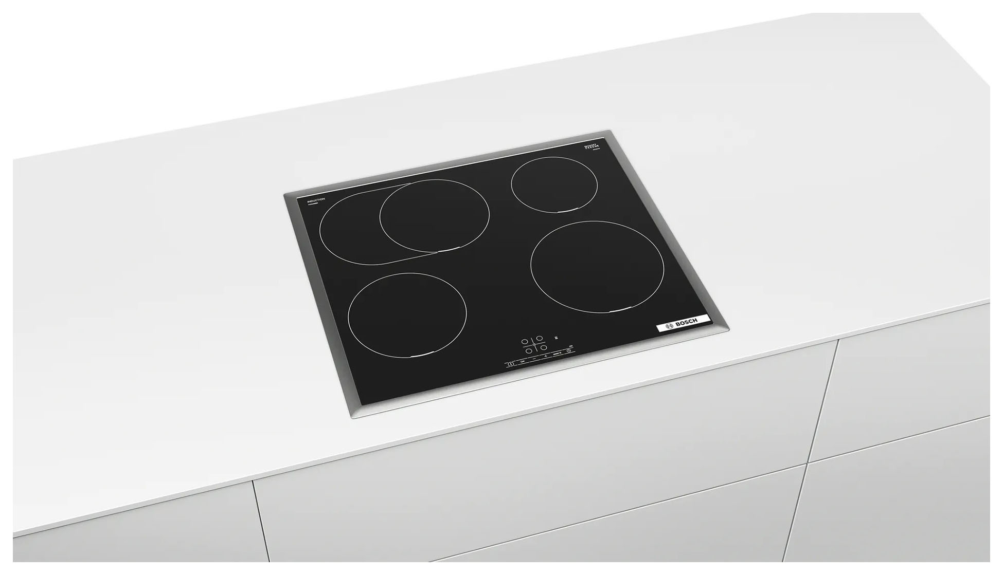Bosch PIF645BB5E индукционная варочная панель встроена в белую столешницу вид сверху