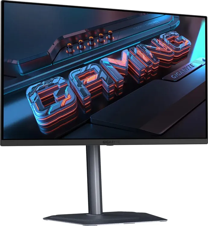 Gigabyte MO27Q2A EK вид спереди — QD-OLED монитор 27 дюймов с неоновым игровым контентом на экране