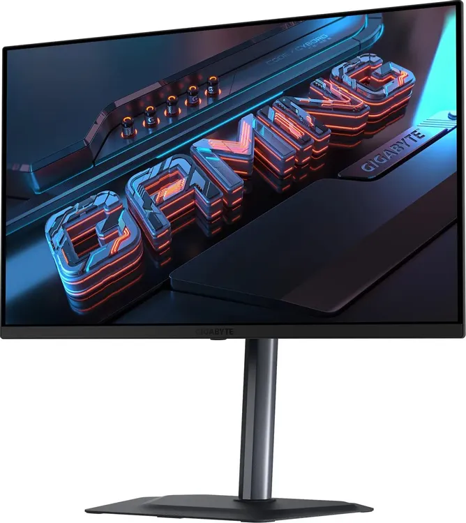 Gigabyte MO27Q2A EK вид под углом — тонкий корпус, безрамочный дизайн, игровой контент на экране
