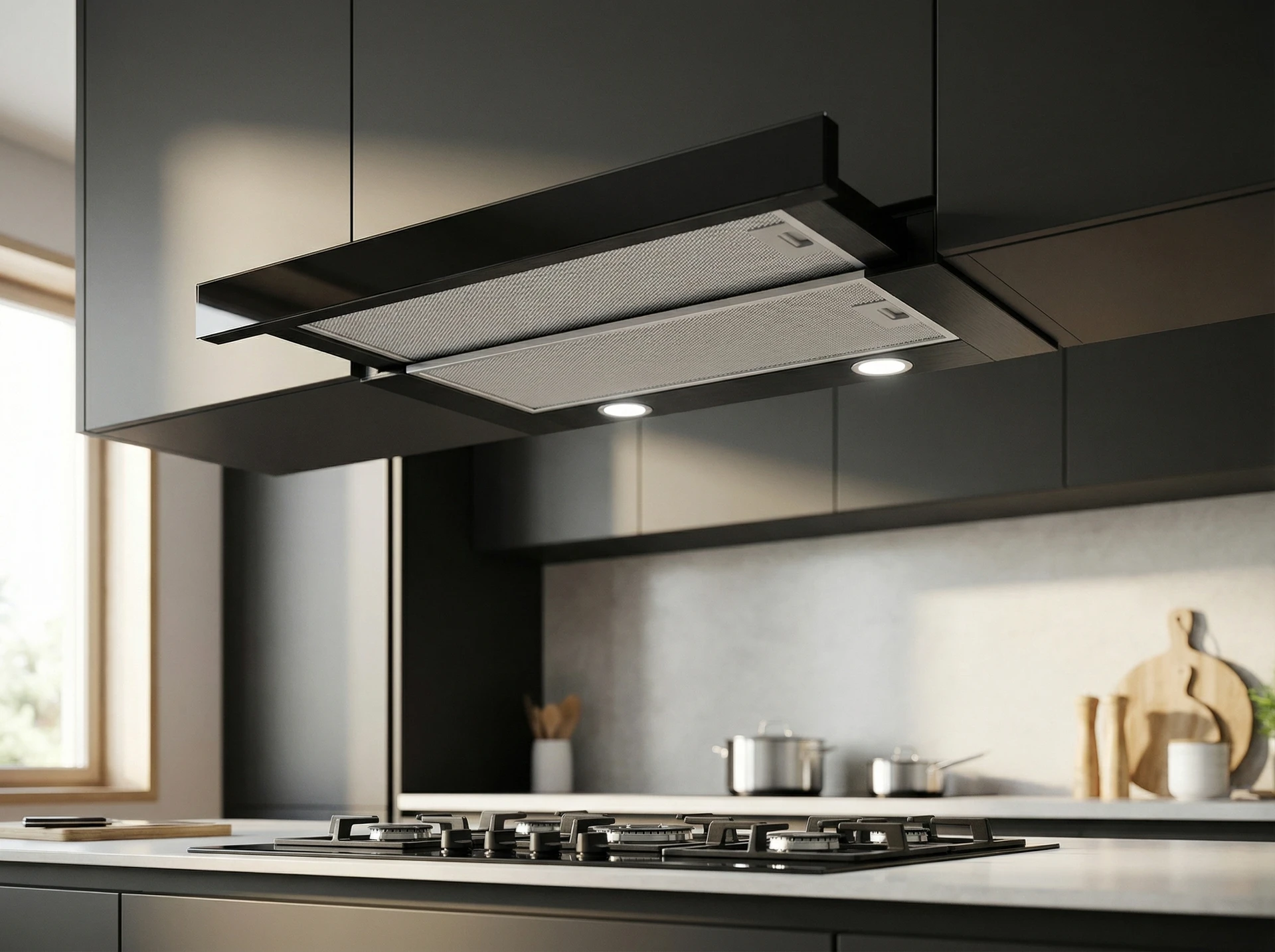 Meferi Glass Ultra SlideBox60BK встраиваемая вытяжка в интерьере современной кухни