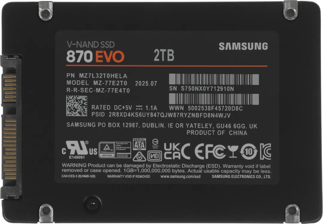 Samsung 870 EVO 2TB — задняя панель с маркировкой MZ-77E2T0BW, разъём SATA и технические характеристики