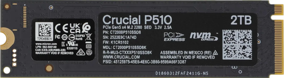 Crucial P510 2TB обратная сторона с наклейкой технические данные объём и сертификаты