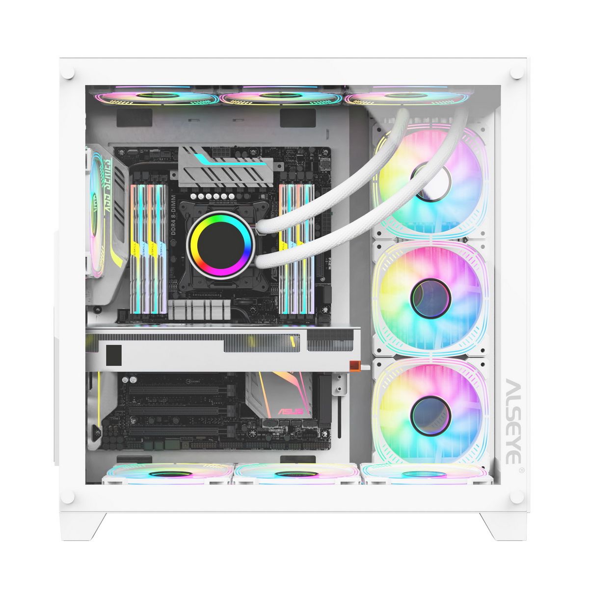 Alseye Knight-W вид сверху с открытой крышкой, материнская плата и видеокарта с RGB-кулером внутри