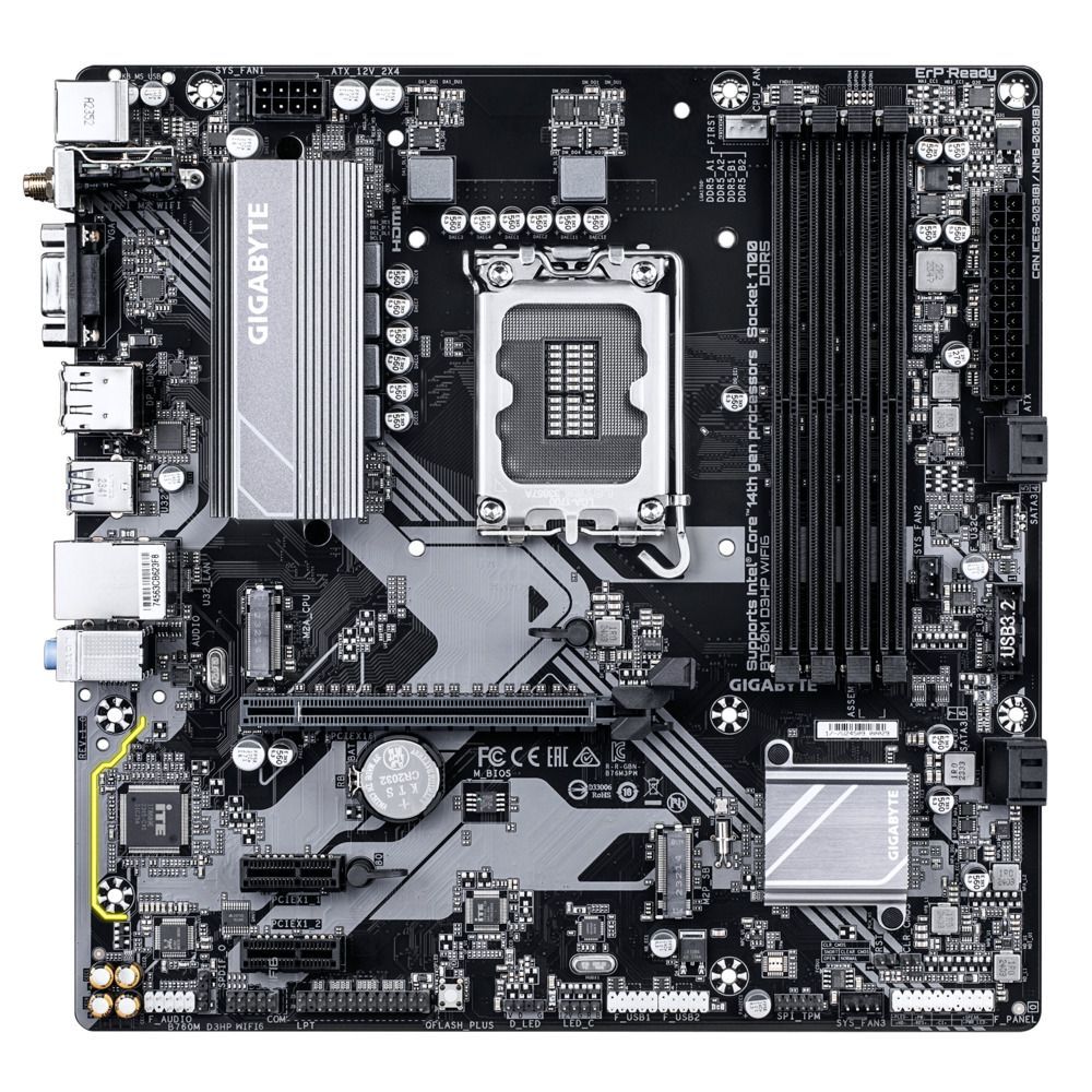 Gigabyte B760M D3HP WIFI6 слоты M.2 и разъёмы памяти DDR5 крупный план