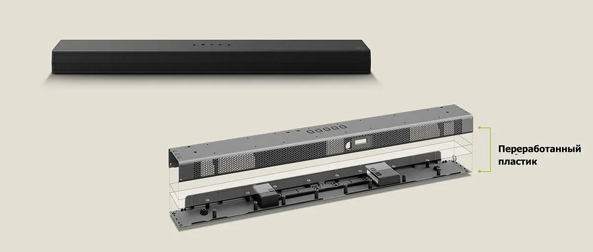 LG S60TR внутреннее устройство саундбара конструкция динамиков переработанный пластик корпус