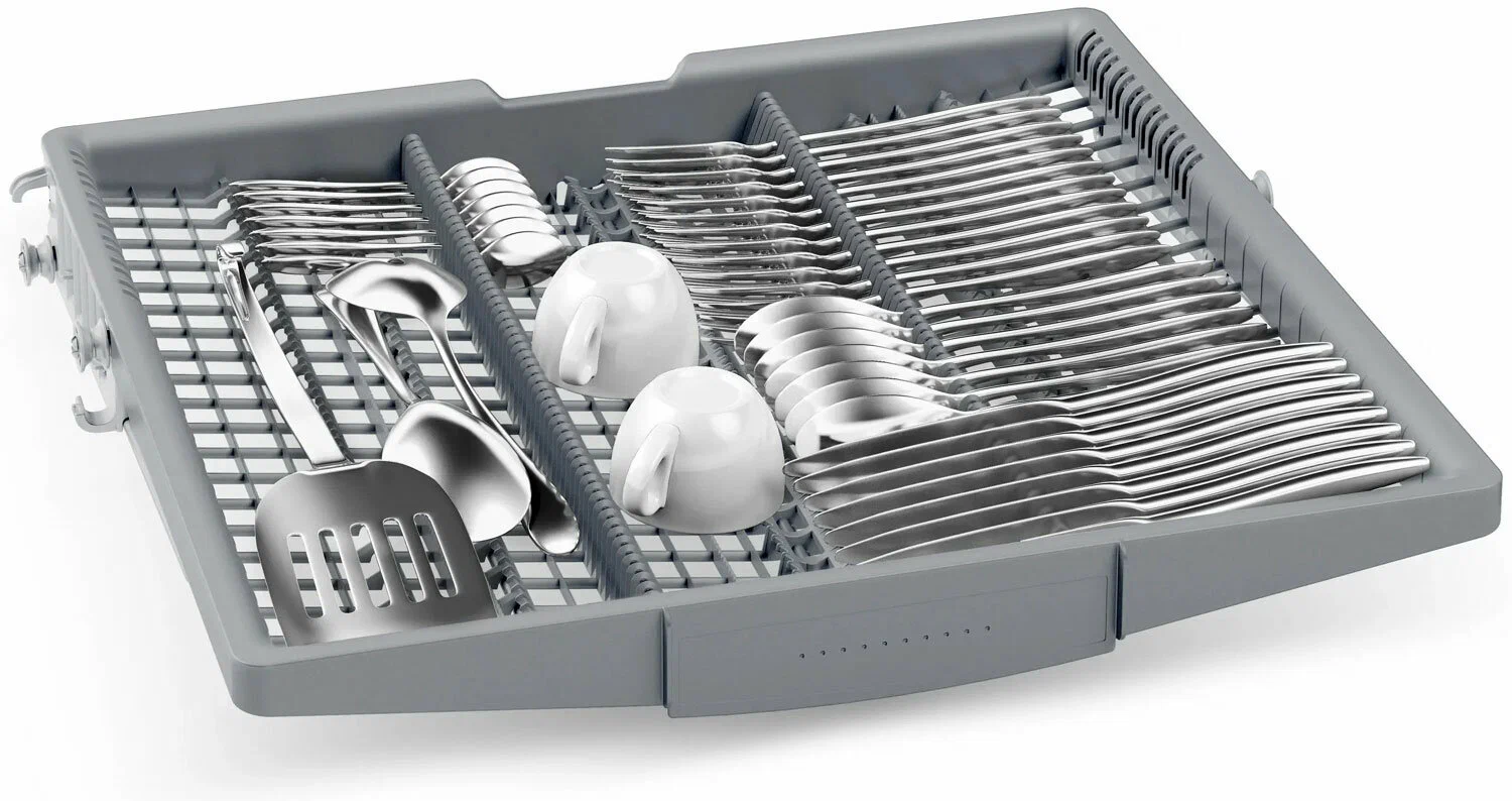 Bosch SPV4EMX10E внутренняя часть — третья корзина для приборов, держатели и загруженные корзины