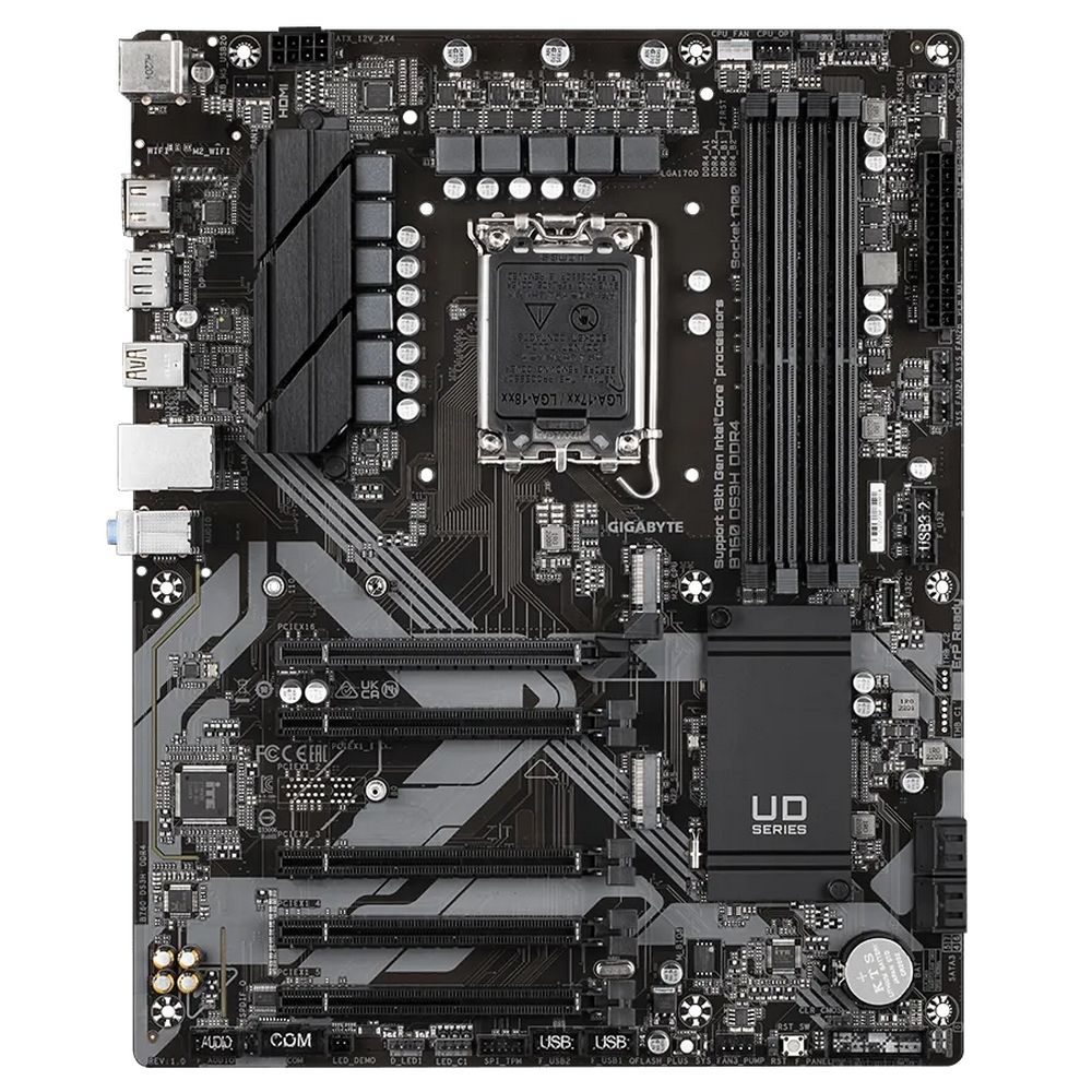 Gigabyte B760 DS3H DDR4 вид сверху — сокет LGA 1700, слоты DDR4, разъёмы SATA и M.2
